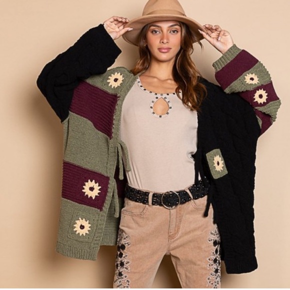 POL Color Block Floral Striped Waist Tie Loop Cardigan, medium oversized - Picture 1 of 12